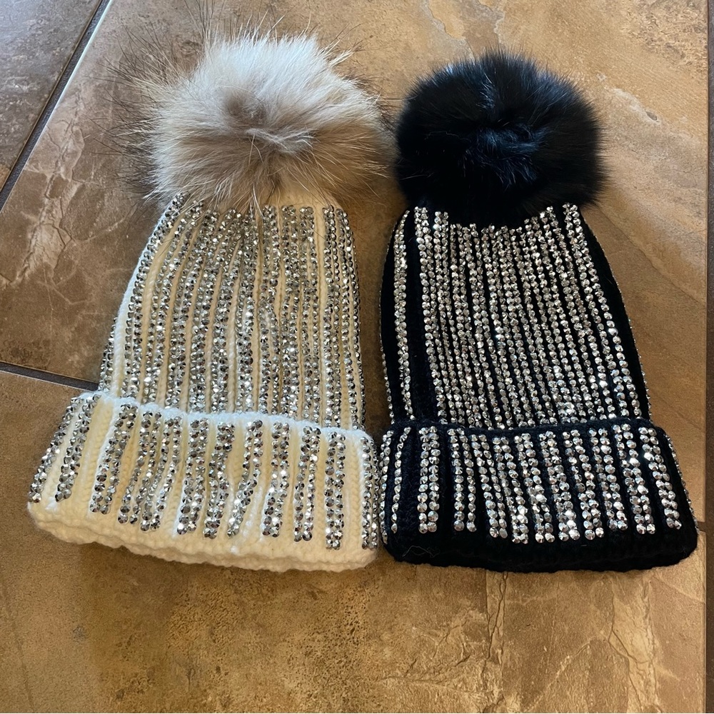 NWOT 2 knit rhinestone beanie hats with faux fur pom pom